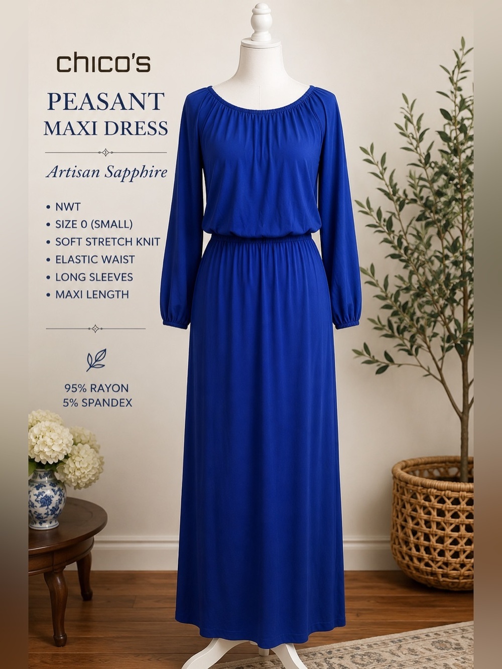 Chico’s • NWT Artisan Sapphire Peasant Maxi Dress • Long Sleeve • Sz S (0)